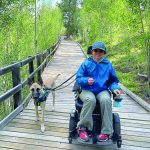 A dog on a walk with his owner in a wheel chair, walking toward the camera. They are on a wooden walkway in a green wooded area.